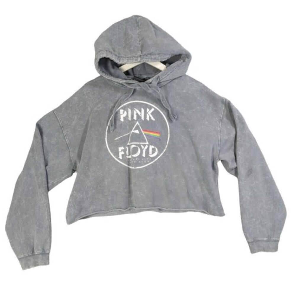 PINK FLOYD Hooded Sweatshirt Womens Size XL Acid Wash Crop Dark Side Of The Moon
